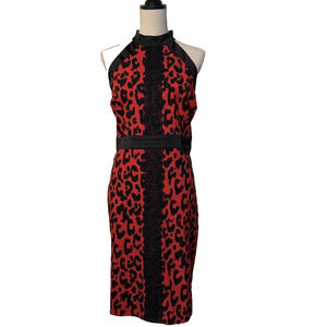 New York & Co Women's XL Petite Leopard Lace Red Black Choker Dress Office Siren